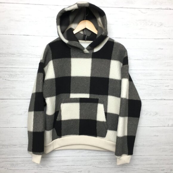 American Eagle Women's Black & Ivory Buffalo Plaid Fleece Hoodie Small - Picture 1 of 9